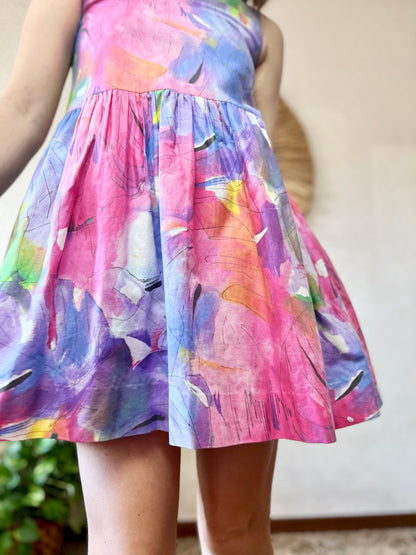 1970's vintage rainbow watercolor abstract print babydoll mini dress