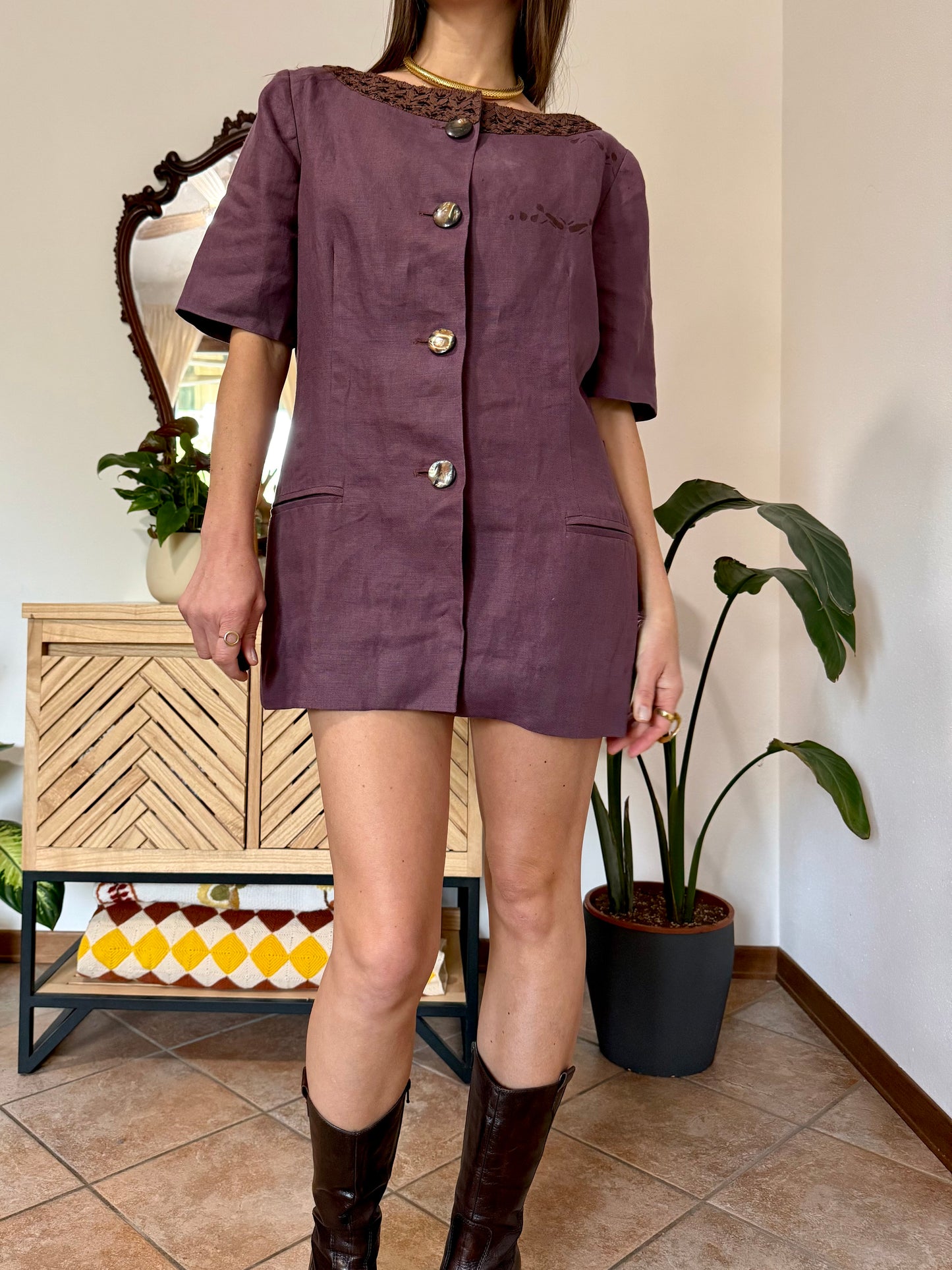 1990's vintage purple linen mini dress with oversize mother of pearl buttons and glass bead detailing