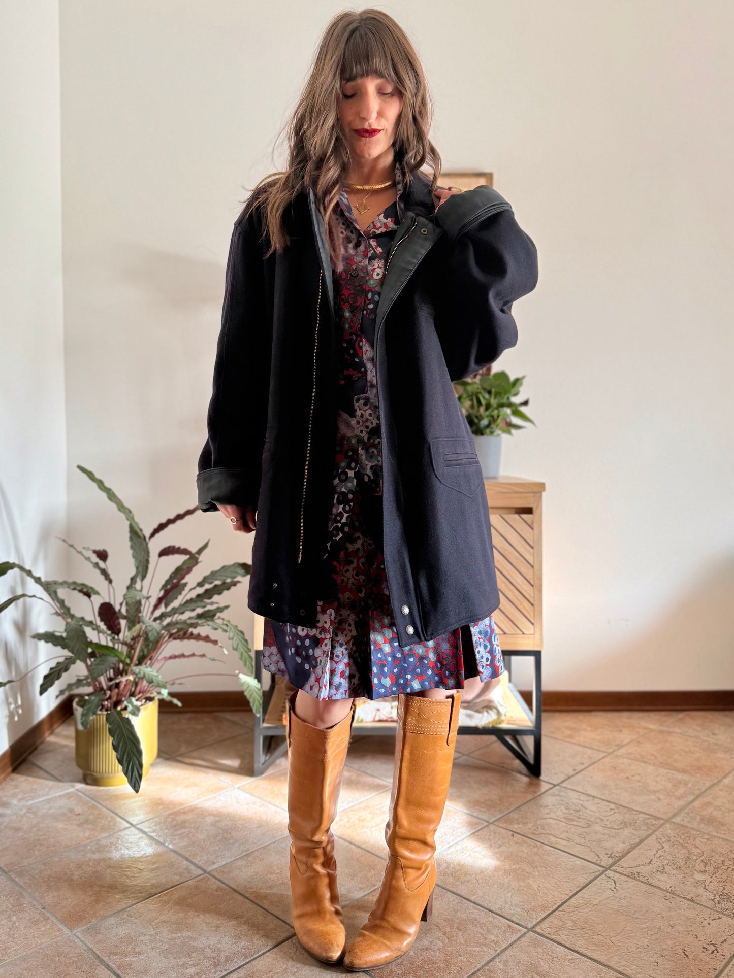 1990's vintage navy blue wool coat with dark green and navy plaid lining