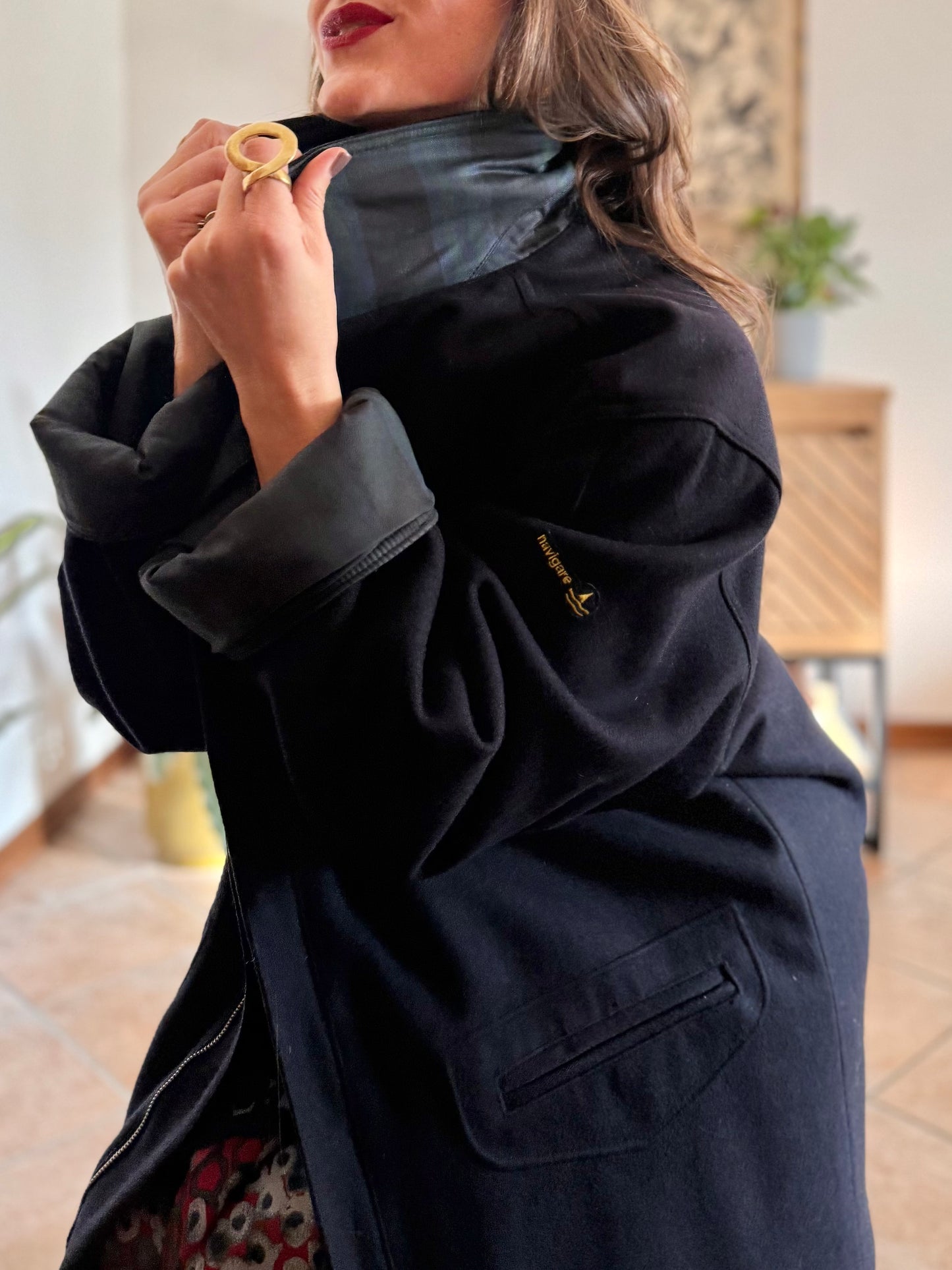 1990's vintage navy blue wool coat with dark green and navy plaid lining