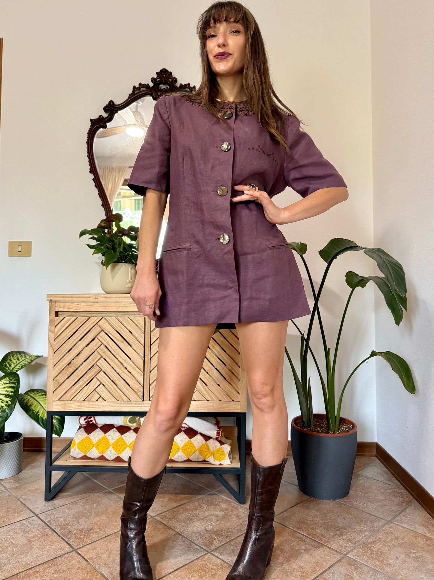 1990's vintage purple linen mini dress with oversize mother of pearl buttons and glass bead detailing