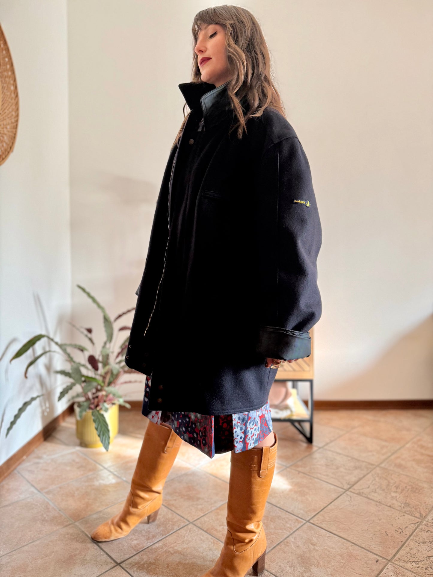 1990's vintage navy blue wool coat with dark green and navy plaid lining