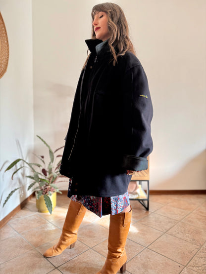 1990's vintage navy blue wool coat with dark green and navy plaid lining