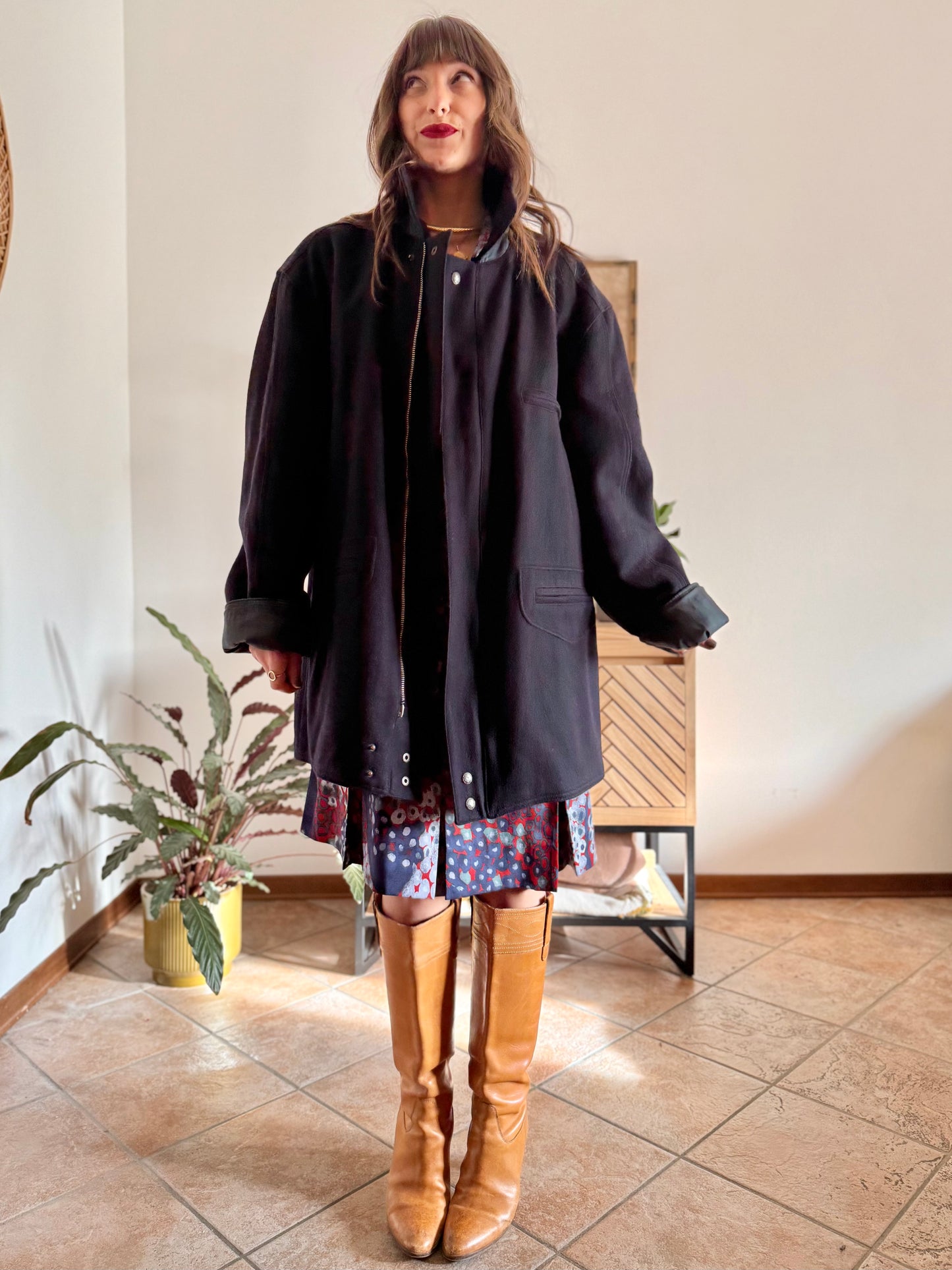 1990's vintage navy blue wool coat with dark green and navy plaid lining