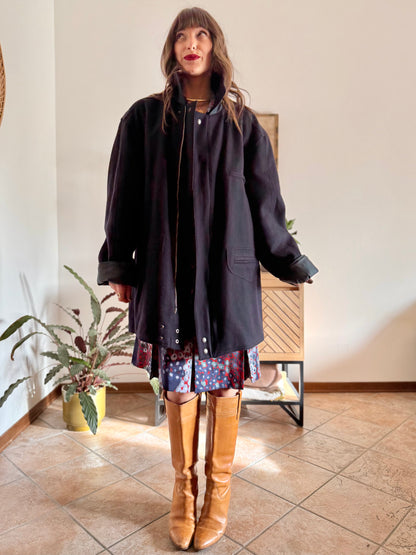 1990's vintage navy blue wool coat with dark green and navy plaid lining