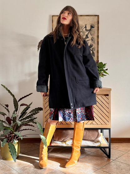 1990's vintage navy blue wool coat with dark green and navy plaid lining