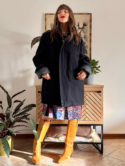 1990's vintage navy blue wool coat with dark green and navy plaid lining