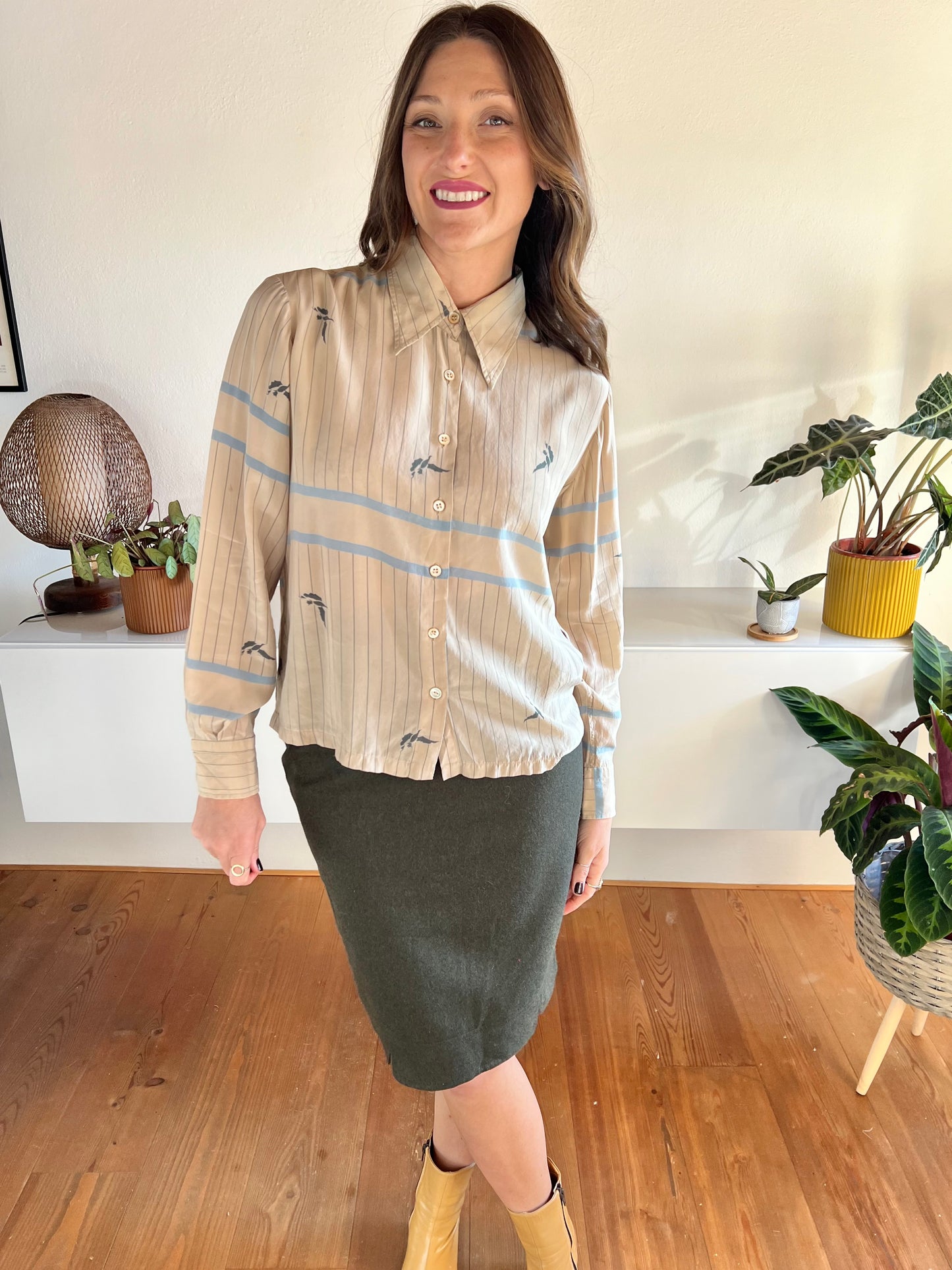 1970's vintage stripe and botanical print silk blouse