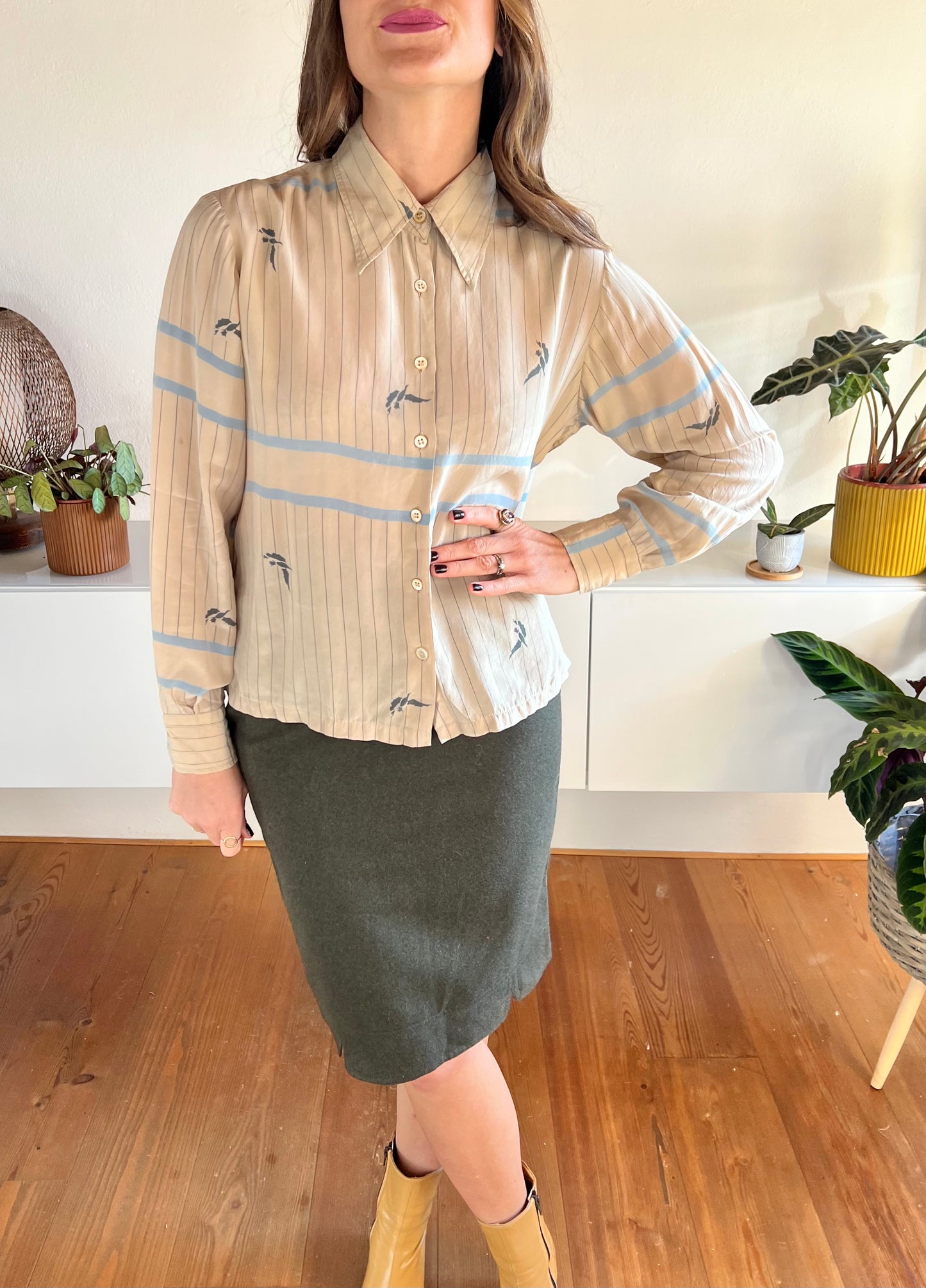 1970's vintage stripe and botanical print silk blouse