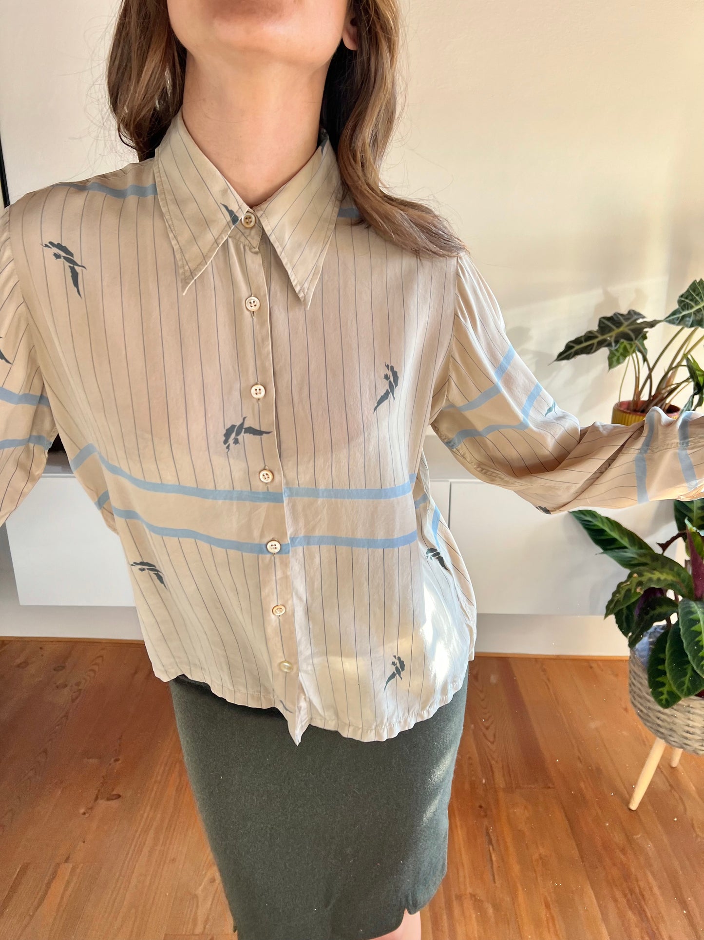 1970's vintage stripe and botanical print silk blouse