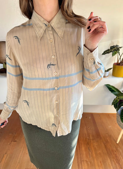 1970's vintage stripe and botanical print silk blouse