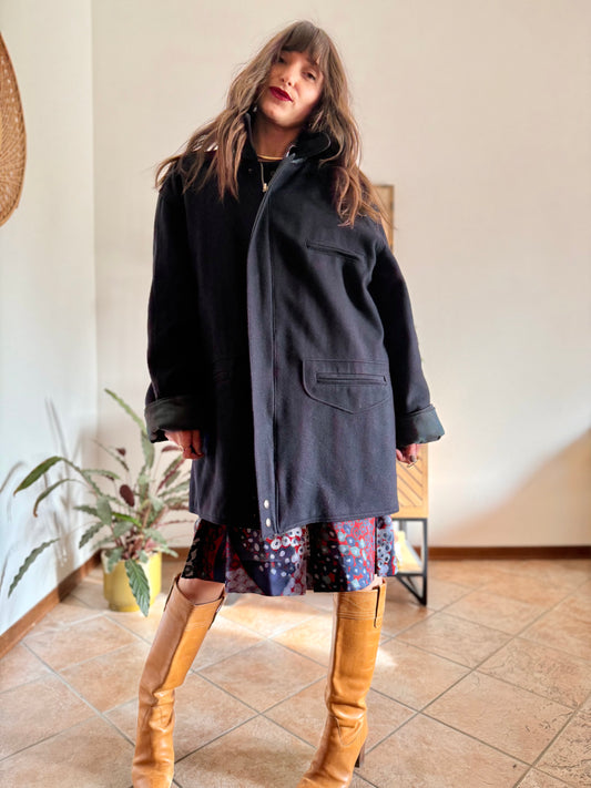 1990's vintage navy blue wool coat with dark green and navy plaid lining