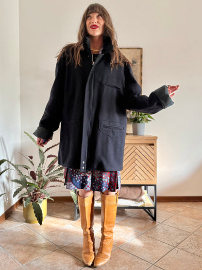 1990's vintage navy blue wool coat with dark green and navy plaid lining