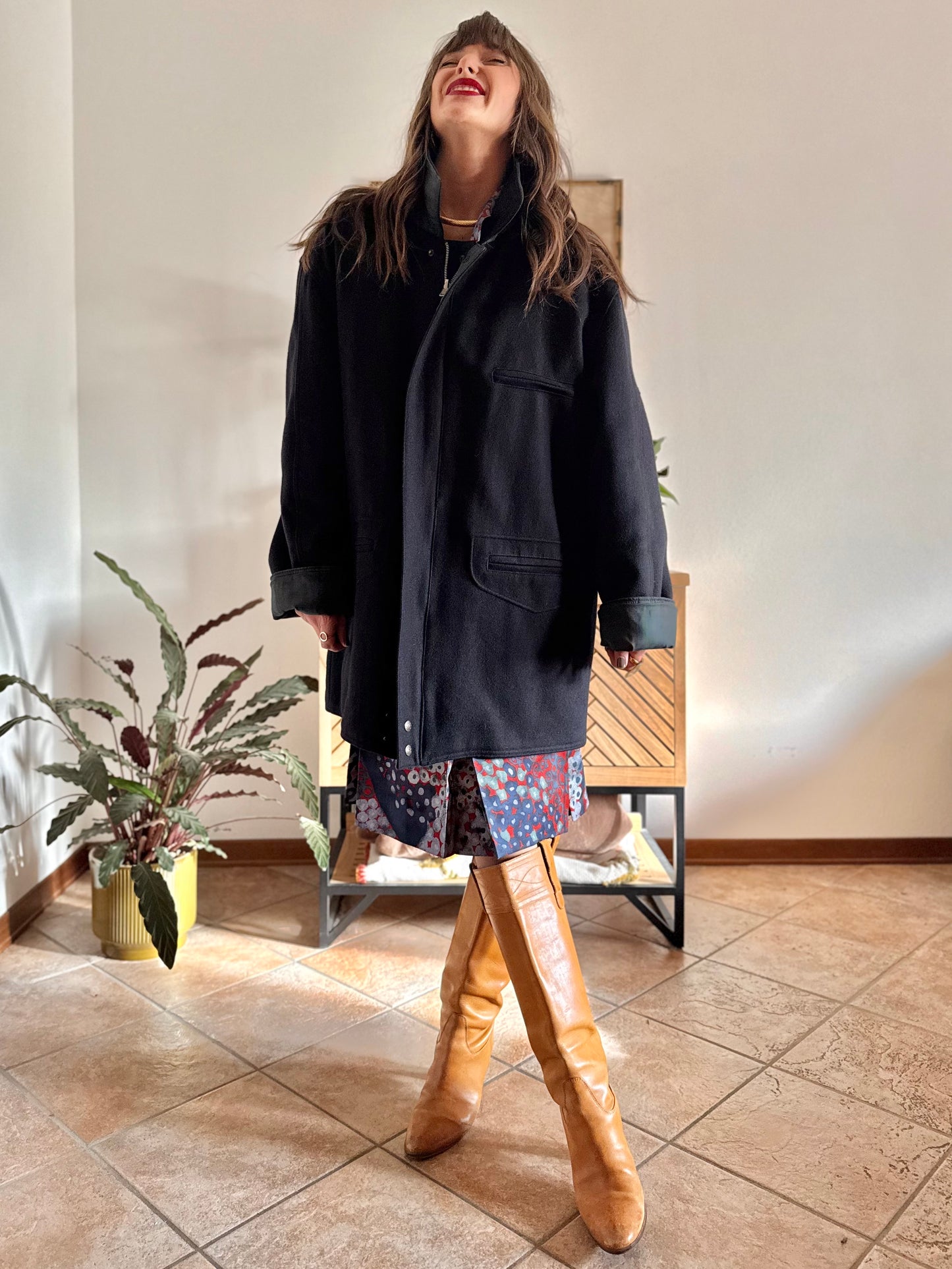 1990's vintage navy blue wool coat with dark green and navy plaid lining