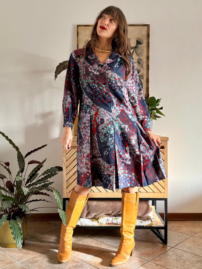 1970's vintage red, green and navy blue abstract print pleated midi dress