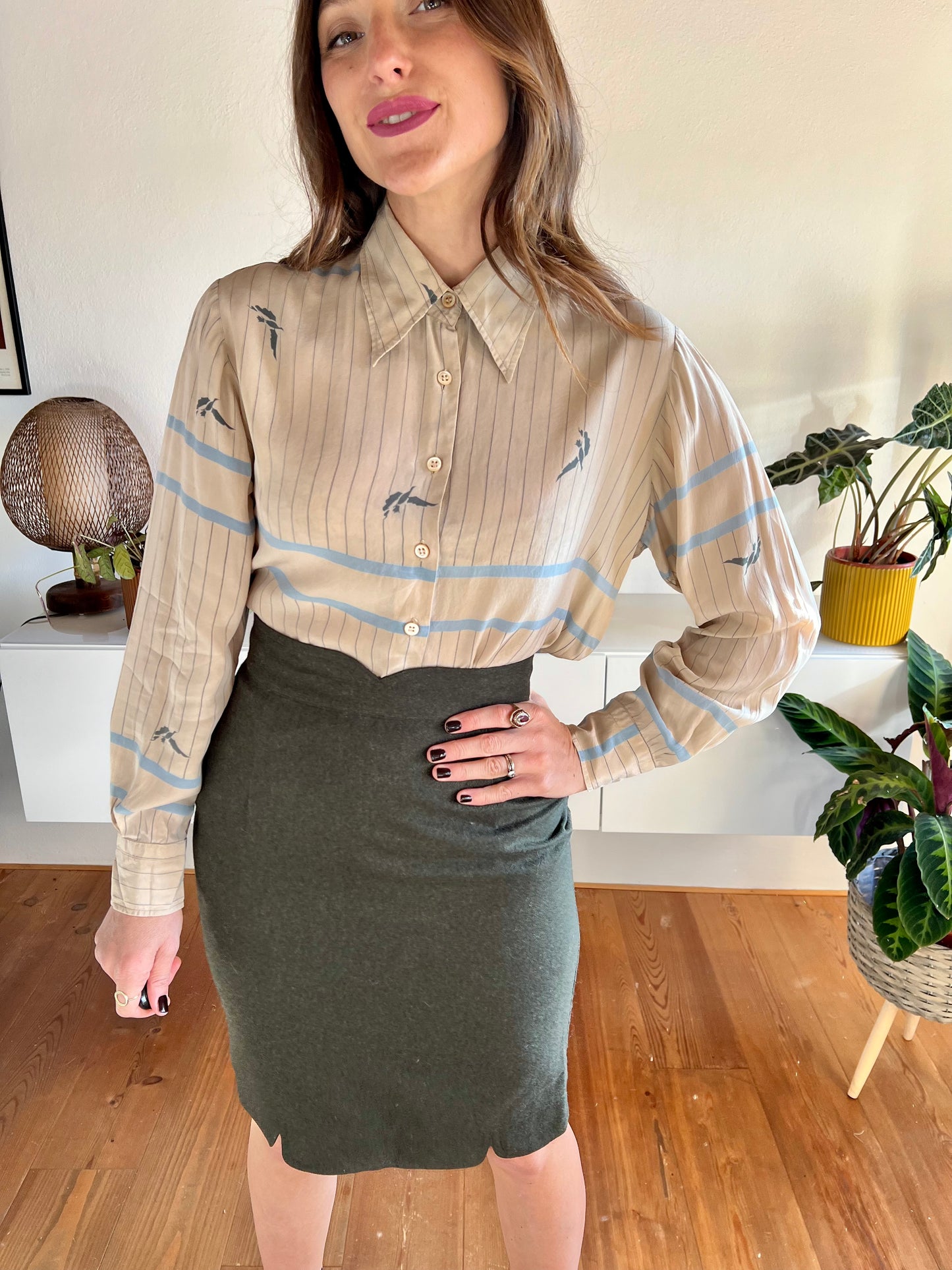 1970's vintage stripe and botanical print silk blouse