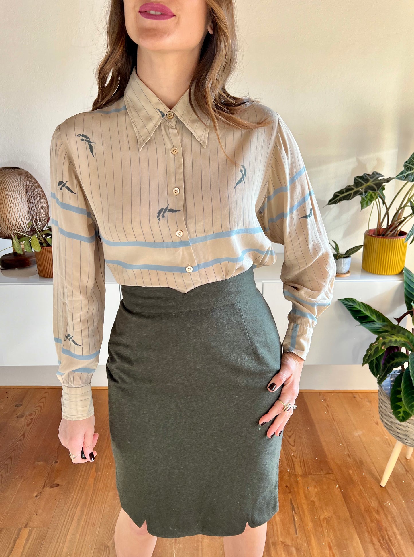 1970's vintage stripe and botanical print silk blouse