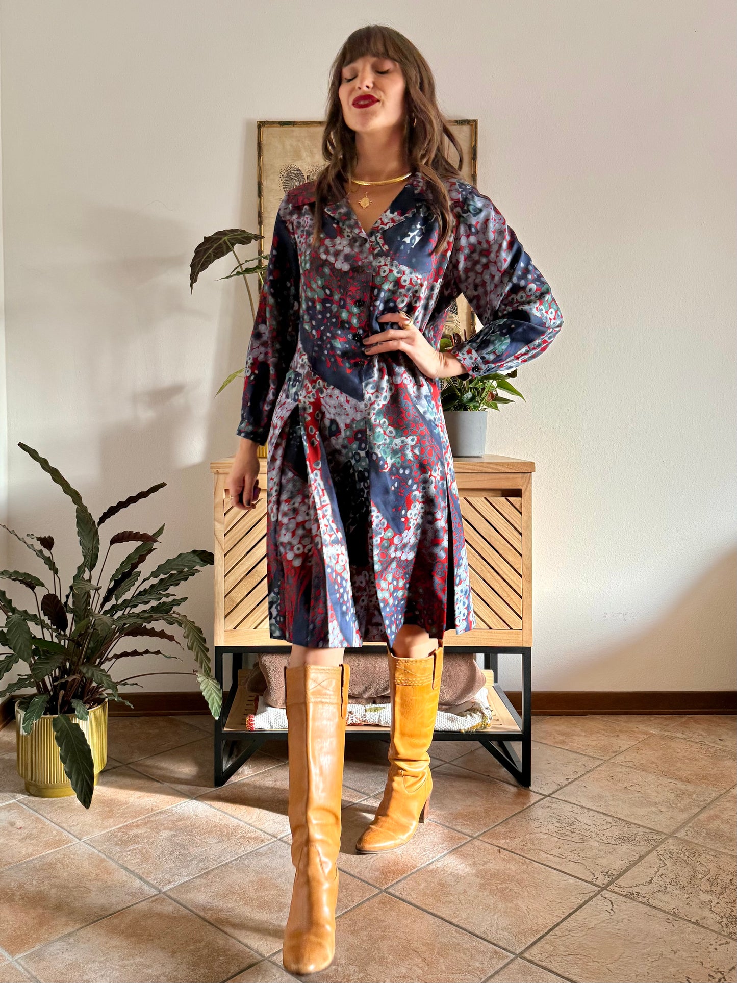 1970's vintage red, green and navy blue abstract print pleated midi dress