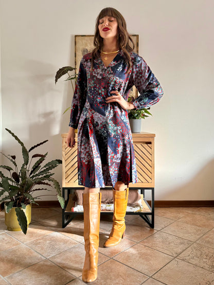 1970's vintage red, green and navy blue abstract print pleated midi dress