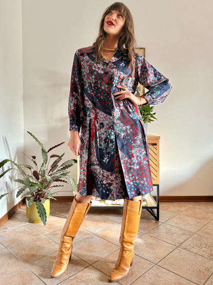 1970's vintage red, green and navy blue abstract print pleated midi dress