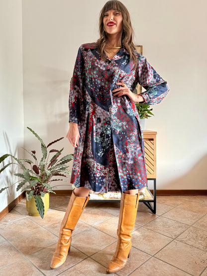 1970's vintage red, green and navy blue abstract print pleated midi dress