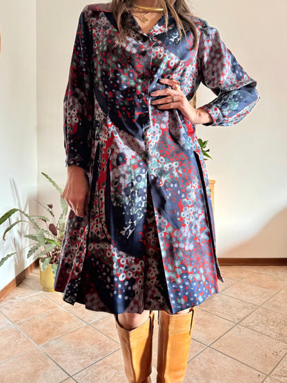 1970's vintage red, green and navy blue abstract print pleated midi dress