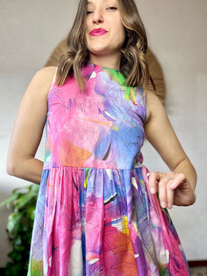 1970's vintage rainbow watercolor abstract print babydoll mini dress