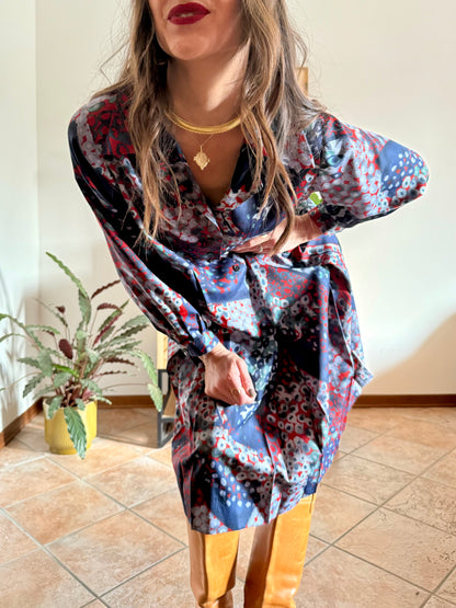 1970's vintage red, green and navy blue abstract print pleated midi dress