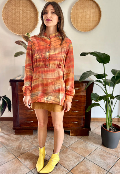 1970's vintage silk peach, grey and yellow abstract geometric print blouse