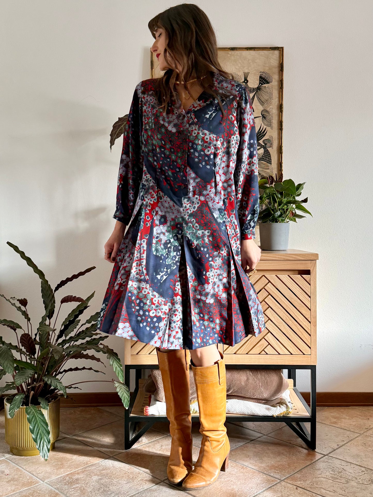 1970's vintage red, green and navy blue abstract print pleated midi dress