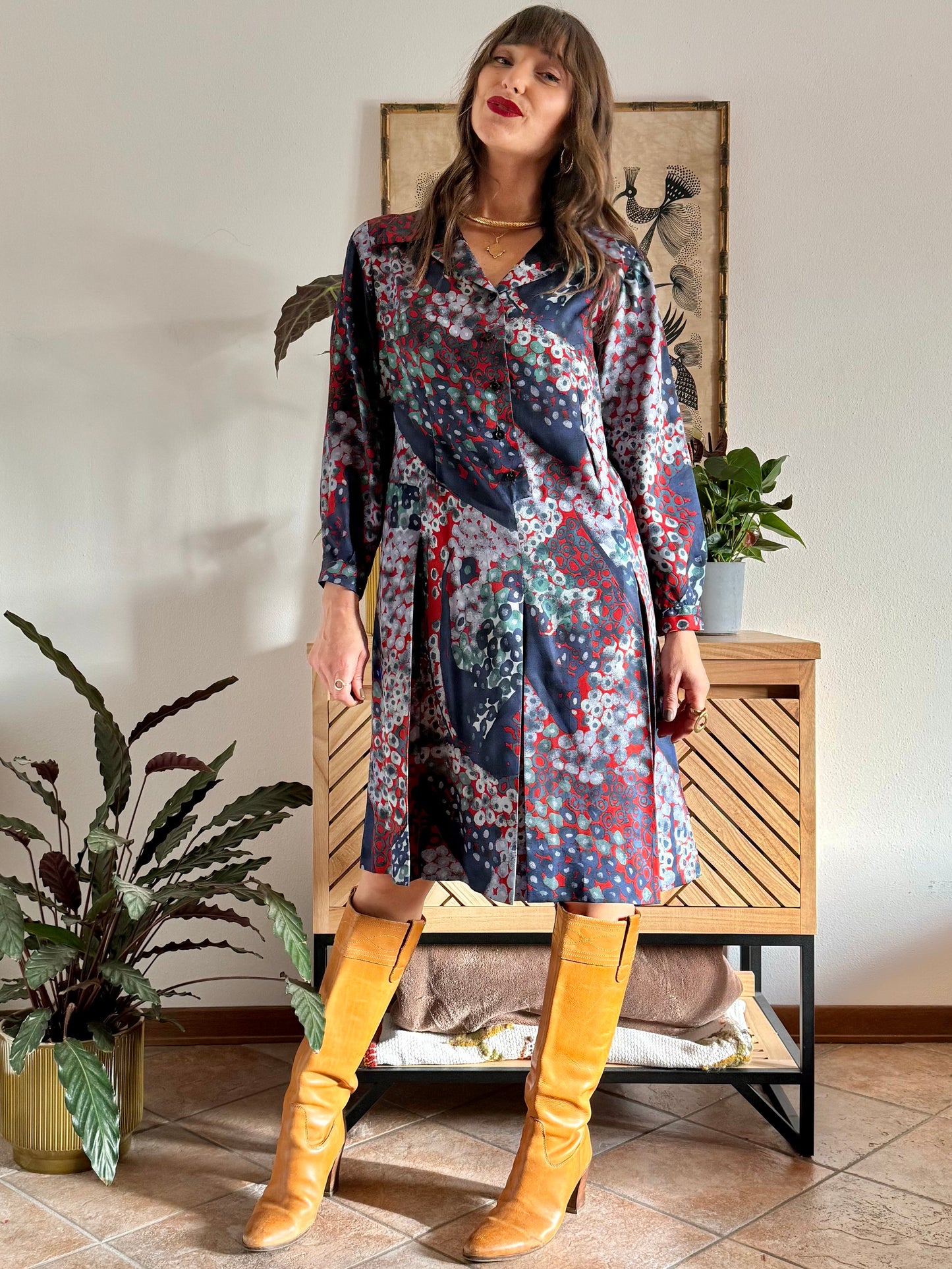 1970's vintage red, green and navy blue abstract print pleated midi dress