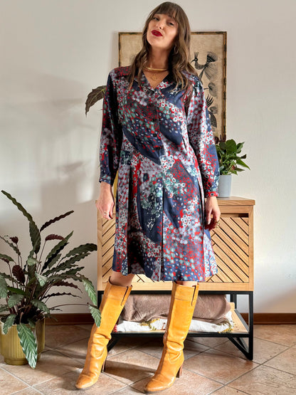 1970's vintage red, green and navy blue abstract print pleated midi dress