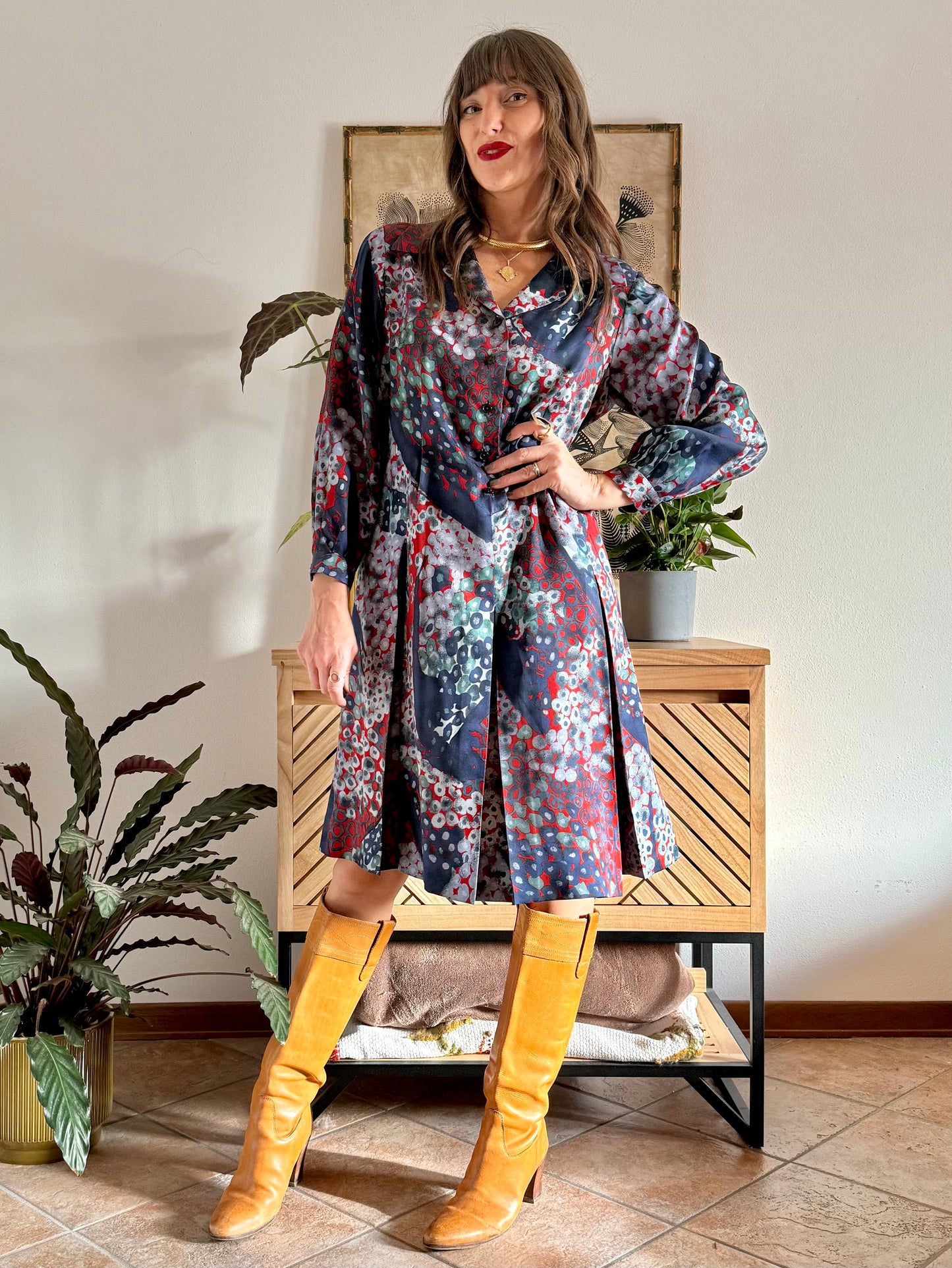 1970's vintage red, green and navy blue abstract print pleated midi dress