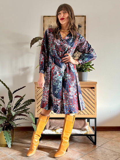 1970's vintage red, green and navy blue abstract print pleated midi dress