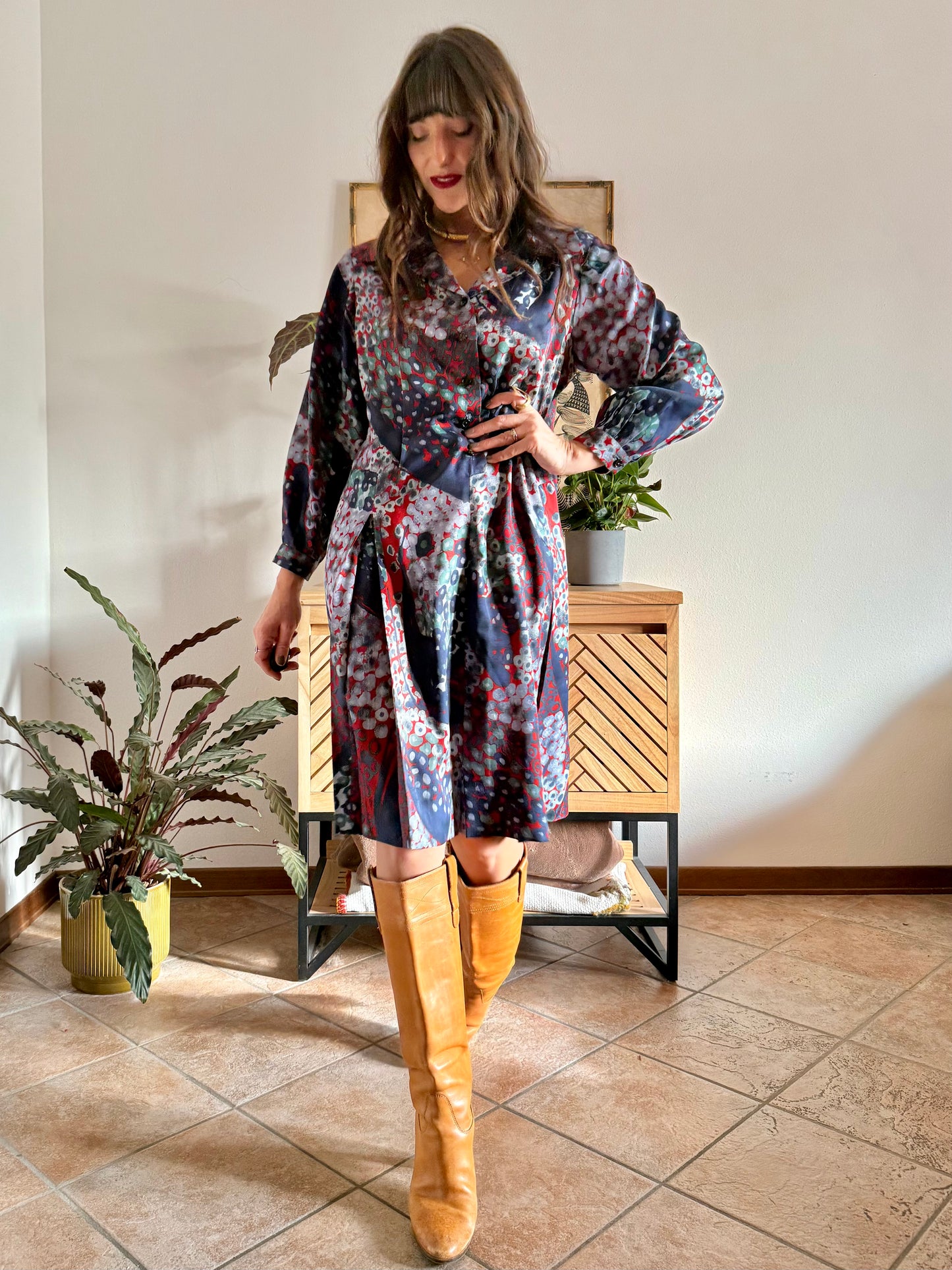 1970's vintage red, green and navy blue abstract print pleated midi dress