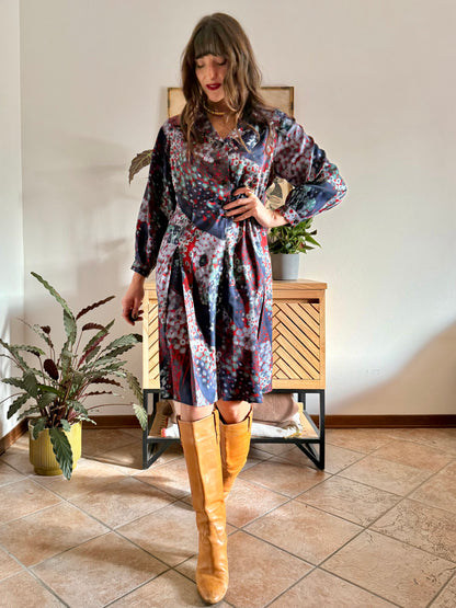 1970's vintage red, green and navy blue abstract print pleated midi dress