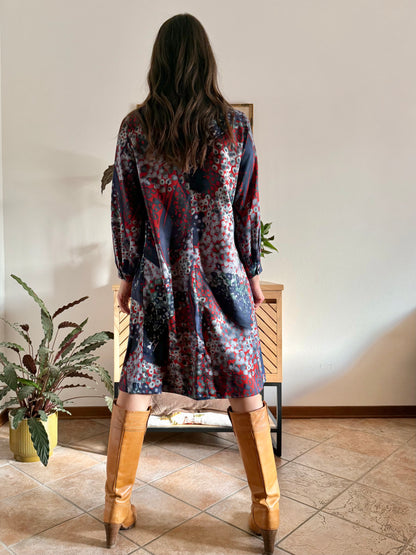 1970's vintage red, green and navy blue abstract print pleated midi dress