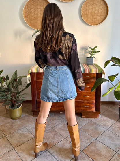 1990's vintage black blouse with purple and beige floral print