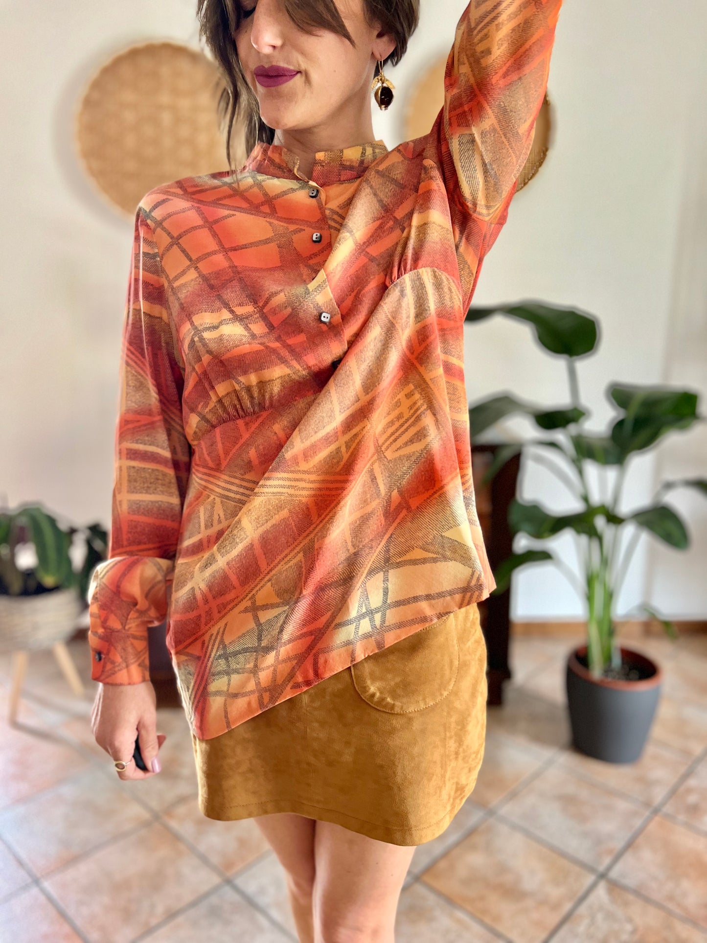 1970's vintage silk peach, grey and yellow abstract geometric print blouse
