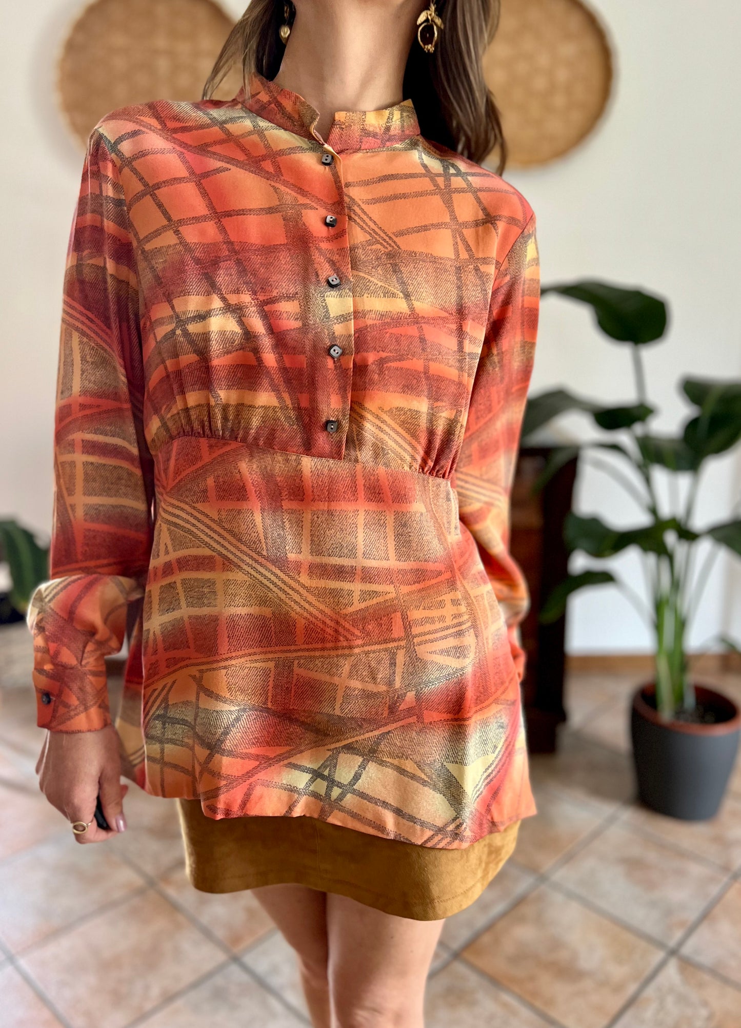 1970's vintage silk peach, grey and yellow abstract geometric print blouse