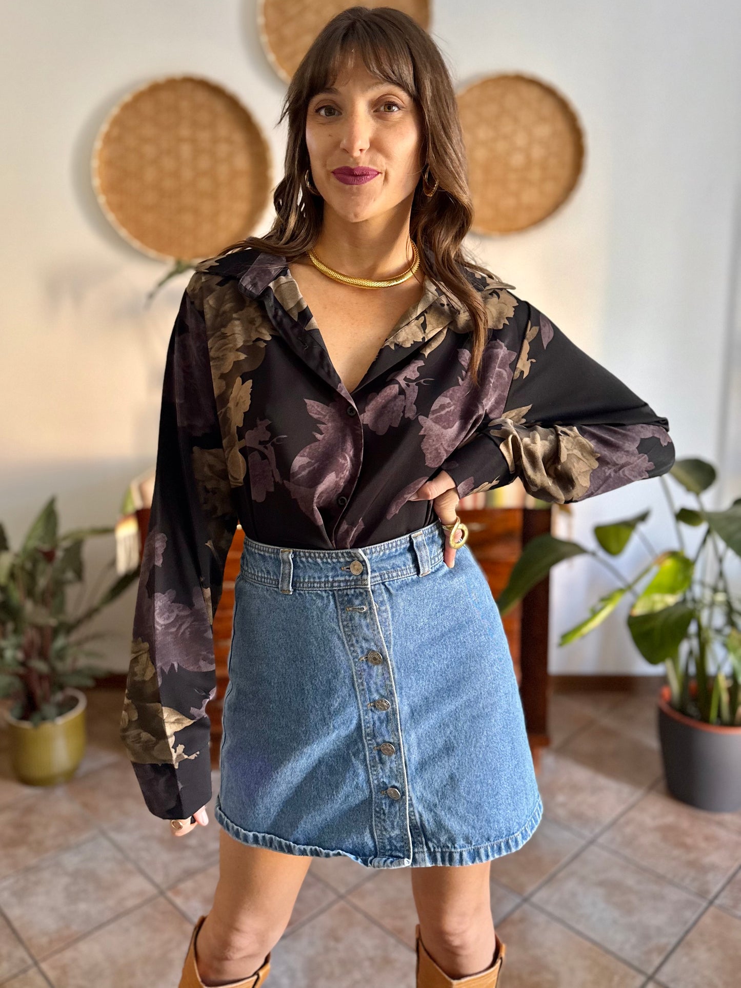 1990's vintage black blouse with purple and beige floral print