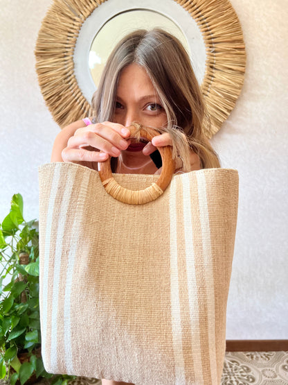 1970's vintage natural and cream stripe cotton woven purse