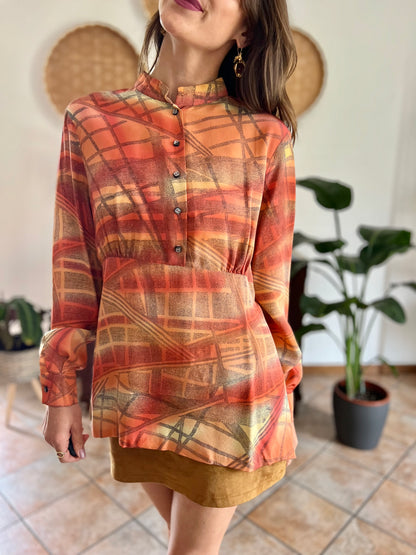 1970's vintage silk peach, grey and yellow abstract geometric print blouse