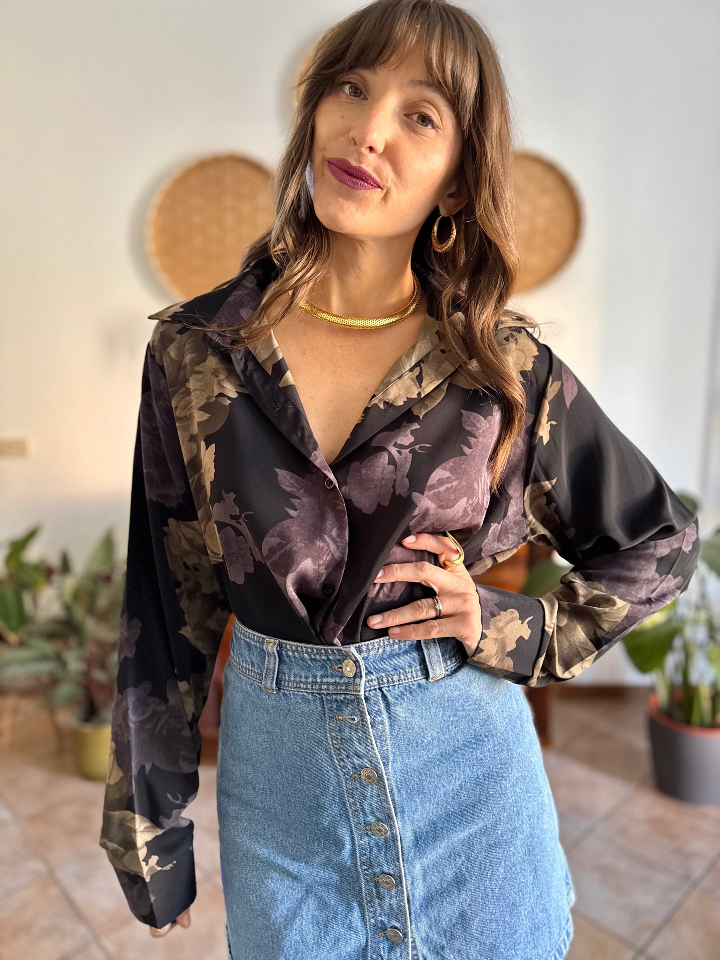 1990's vintage black blouse with purple and beige floral print