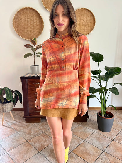 1970's vintage silk peach, grey and yellow abstract geometric print blouse