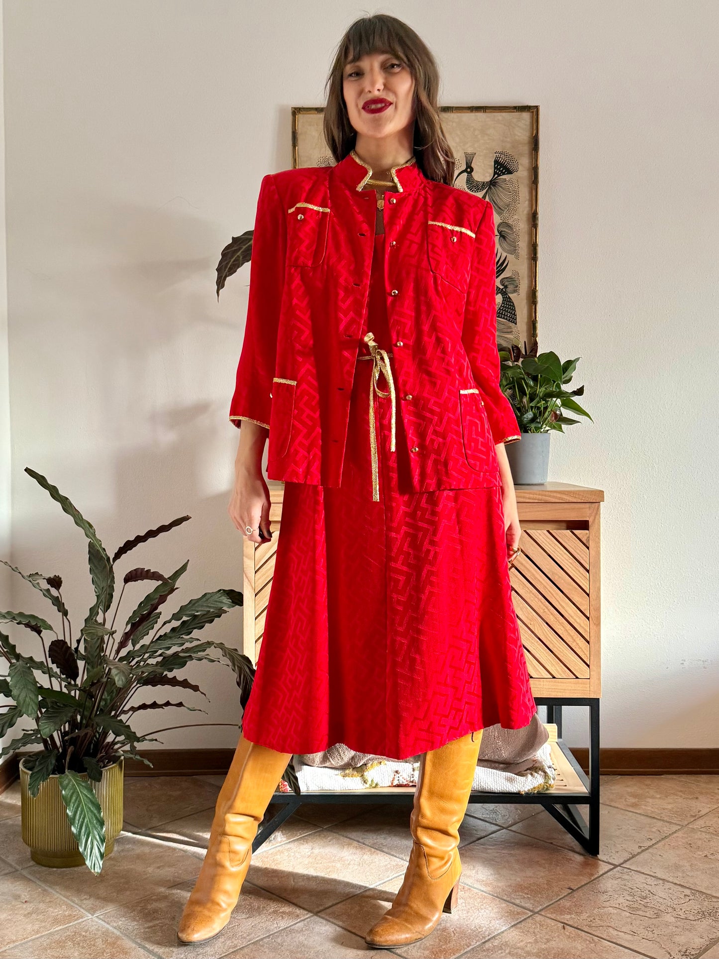 1960's vintage cherry red woven silk dress and jacket set with gold metallic trimming details
