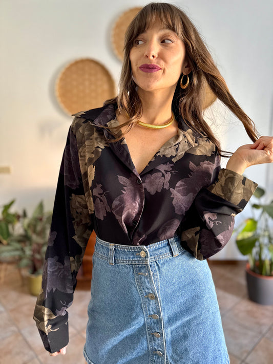 1990's vintage black blouse with purple and beige floral print