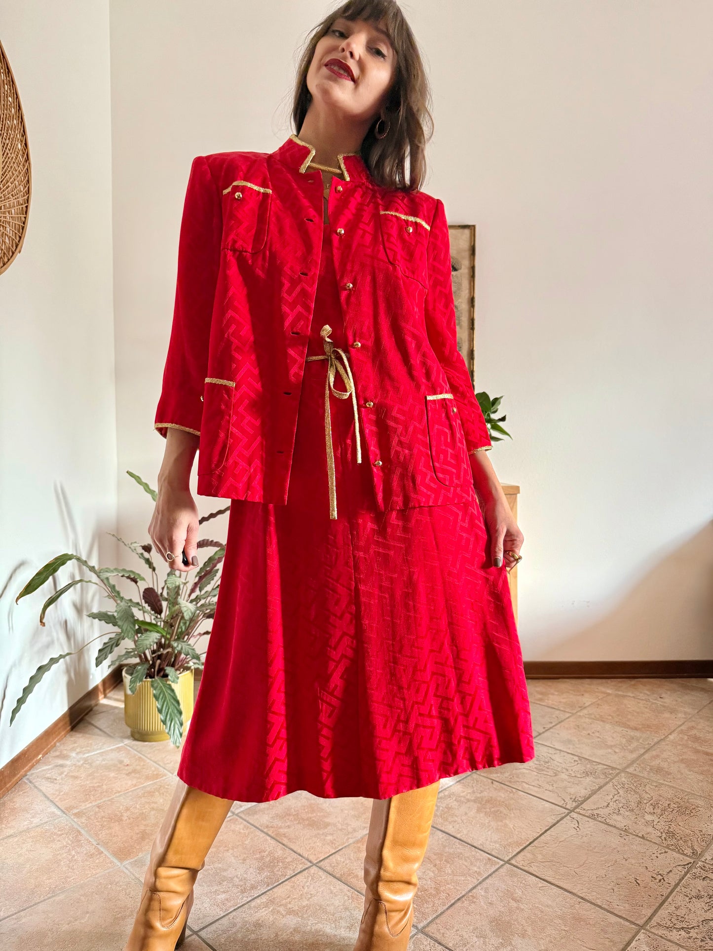 1960's vintage cherry red woven silk dress and jacket set with gold metallic trimming details