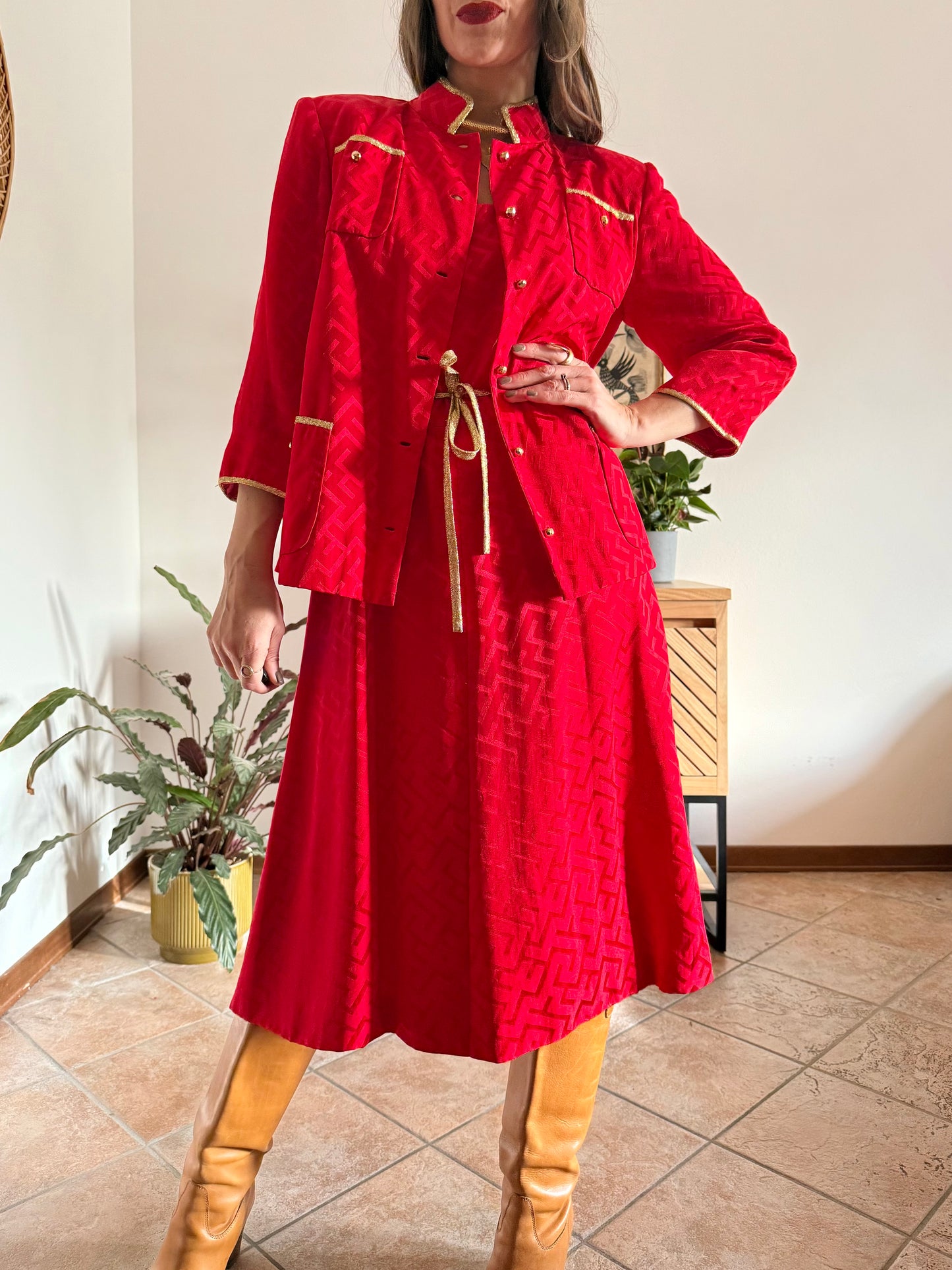 1960's vintage cherry red woven silk dress and jacket set with gold metallic trimming details