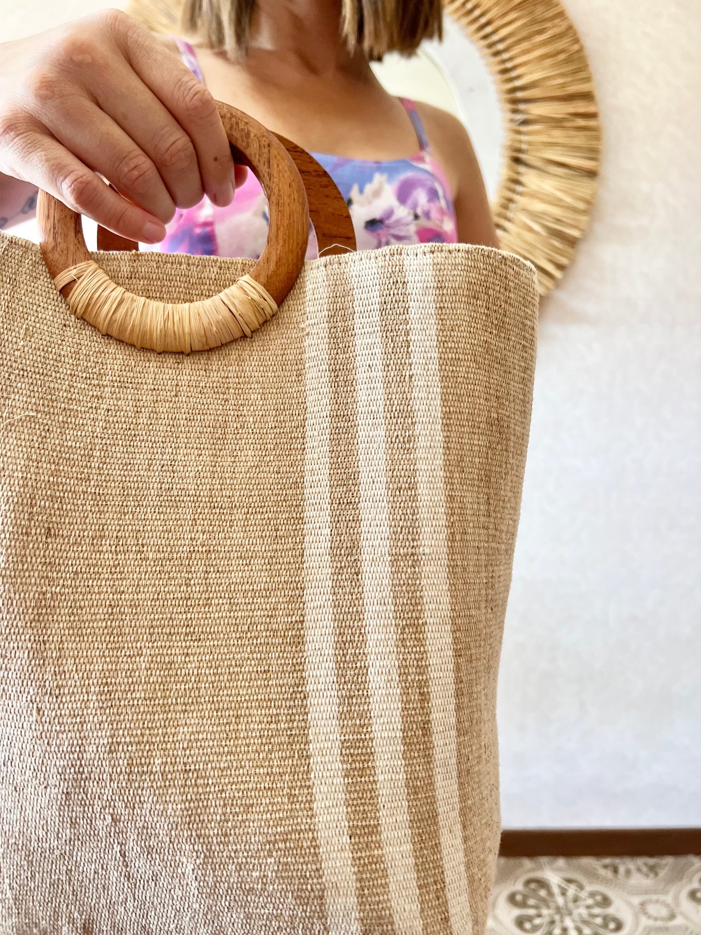 1970's vintage natural and cream stripe cotton woven purse